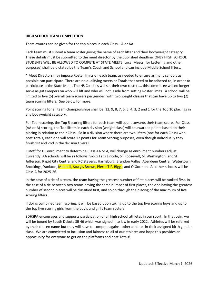 SDHSPA rulebook page 2; accessible text follows